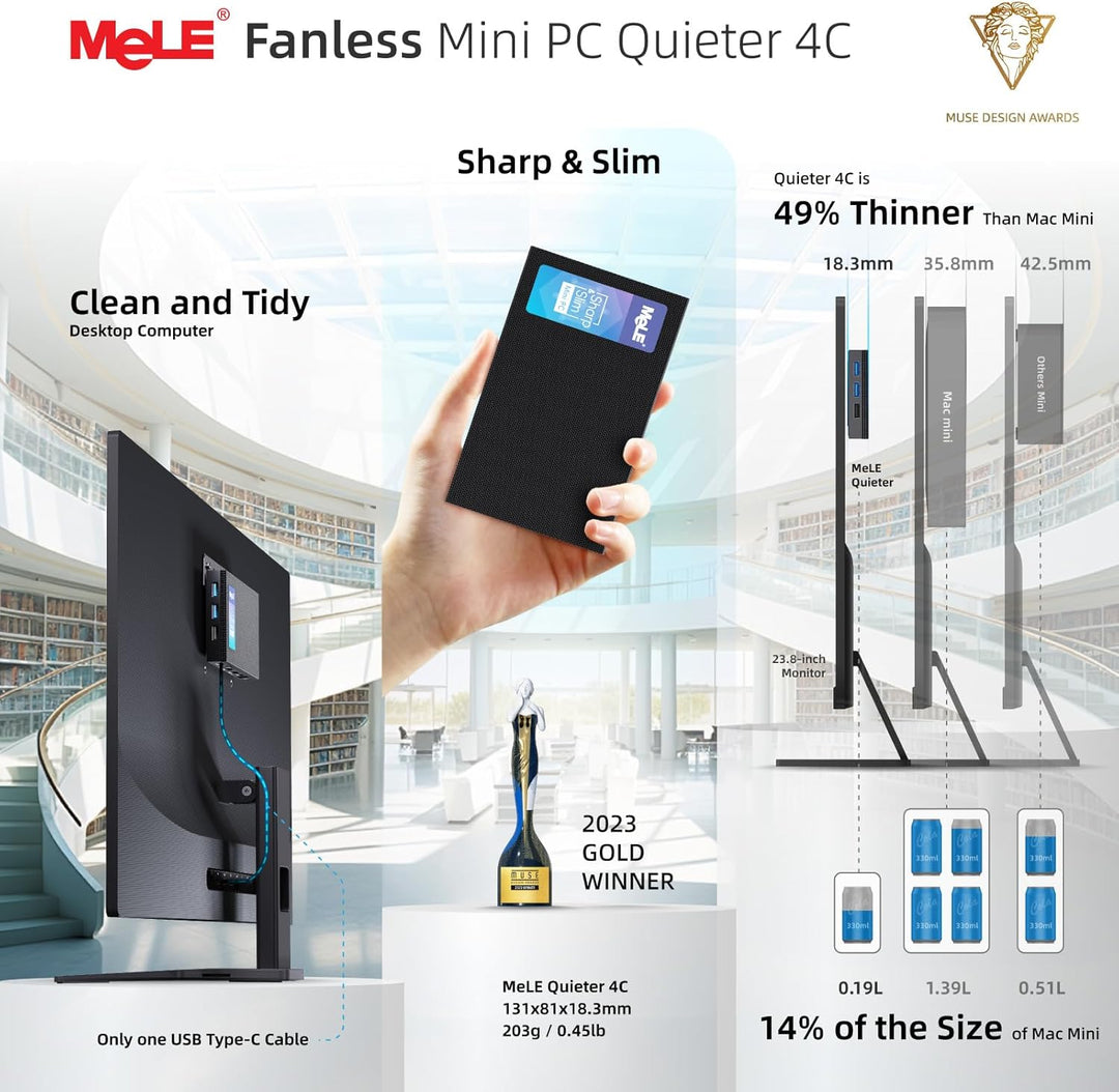 MeLE Mini PC Quieter 4C lüfterloser PC, N100 8GB RAM 128GB ROM, Win11 Pro, Vollfunktionsfähiges USB-
