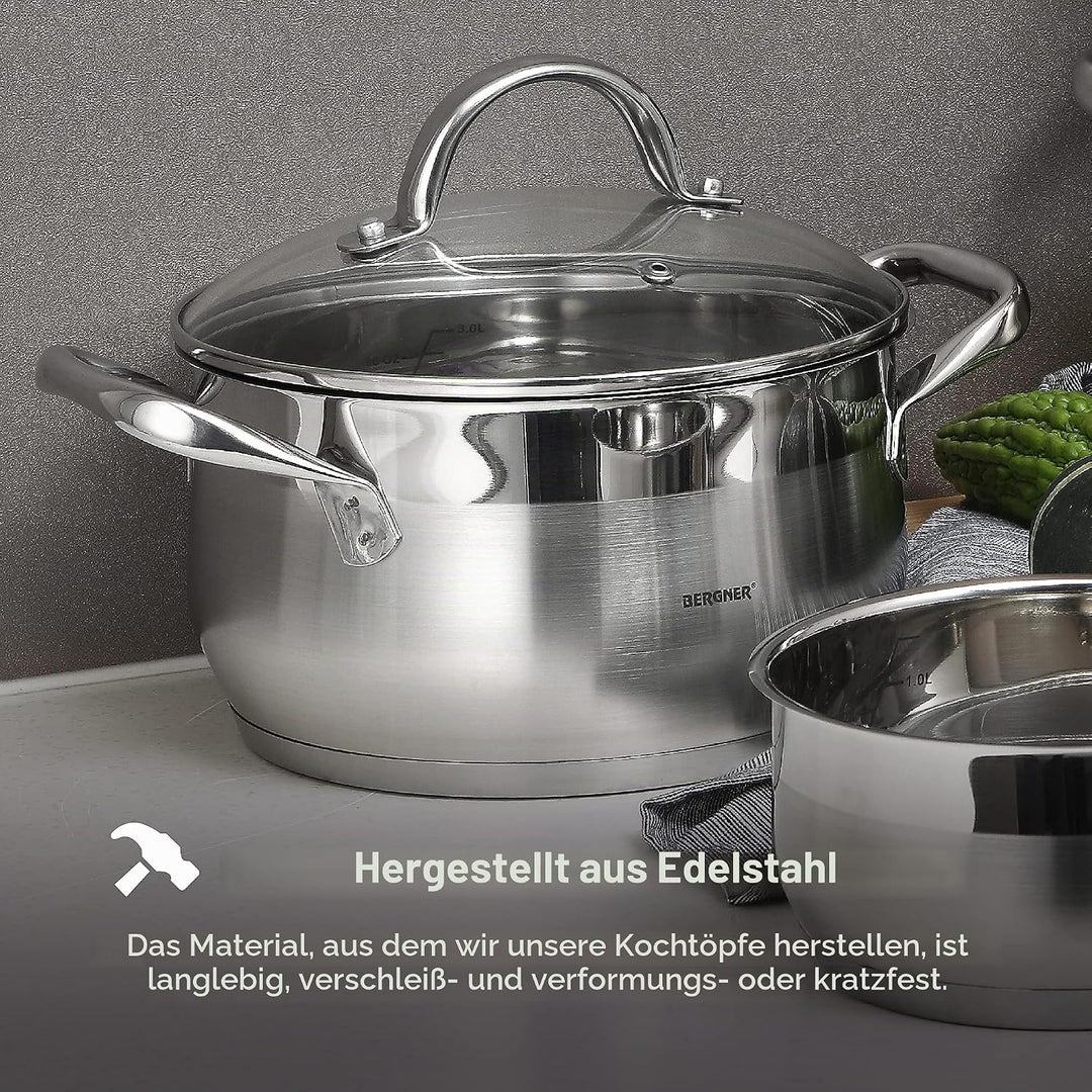 BERGNER Gourmet | Kochtopf mit Glasdeckel | 8 L Fassungsvermögen | Aus Edelstahl | Ergonomische Grif