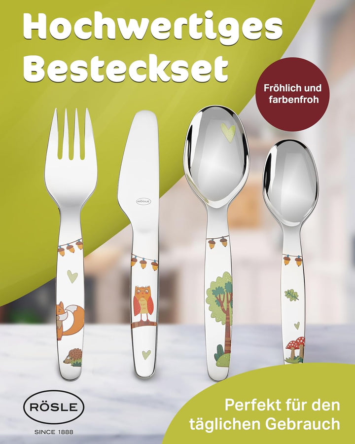 RÖSLE Kinderbesteck "Waldfreunde", 4-teilig, ab 3 Jahren, Edelstahl 18/10, Spülmaschinengeeignet, Wa