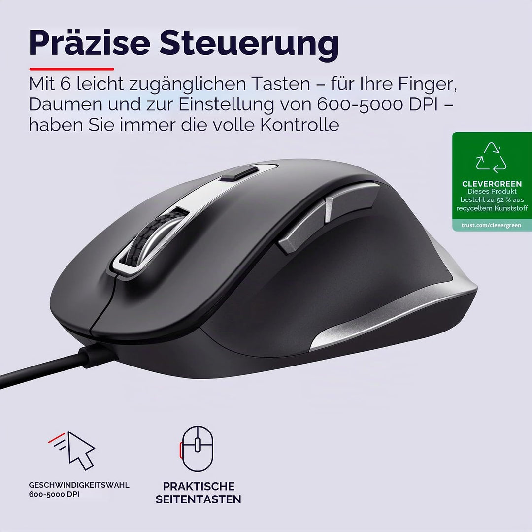 Trust Fyda PC Maus mit Kabel, Nachhaltiges Design, 600-5000 DPI, 6 Tasten, Daumen- und Fingerauflage