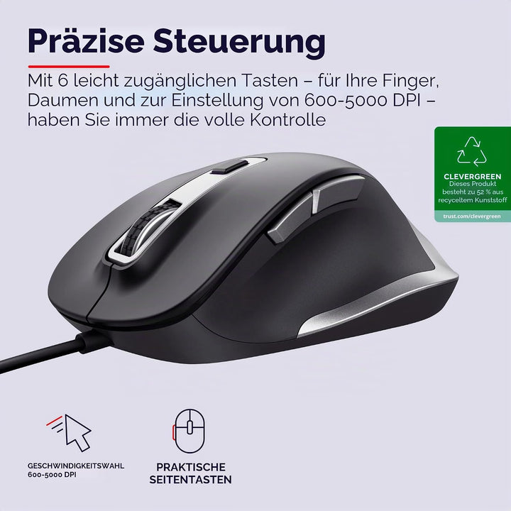 Trust Fyda PC Maus mit Kabel, Nachhaltiges Design, 600-5000 DPI, 6 Tasten, Daumen- und Fingerauflage