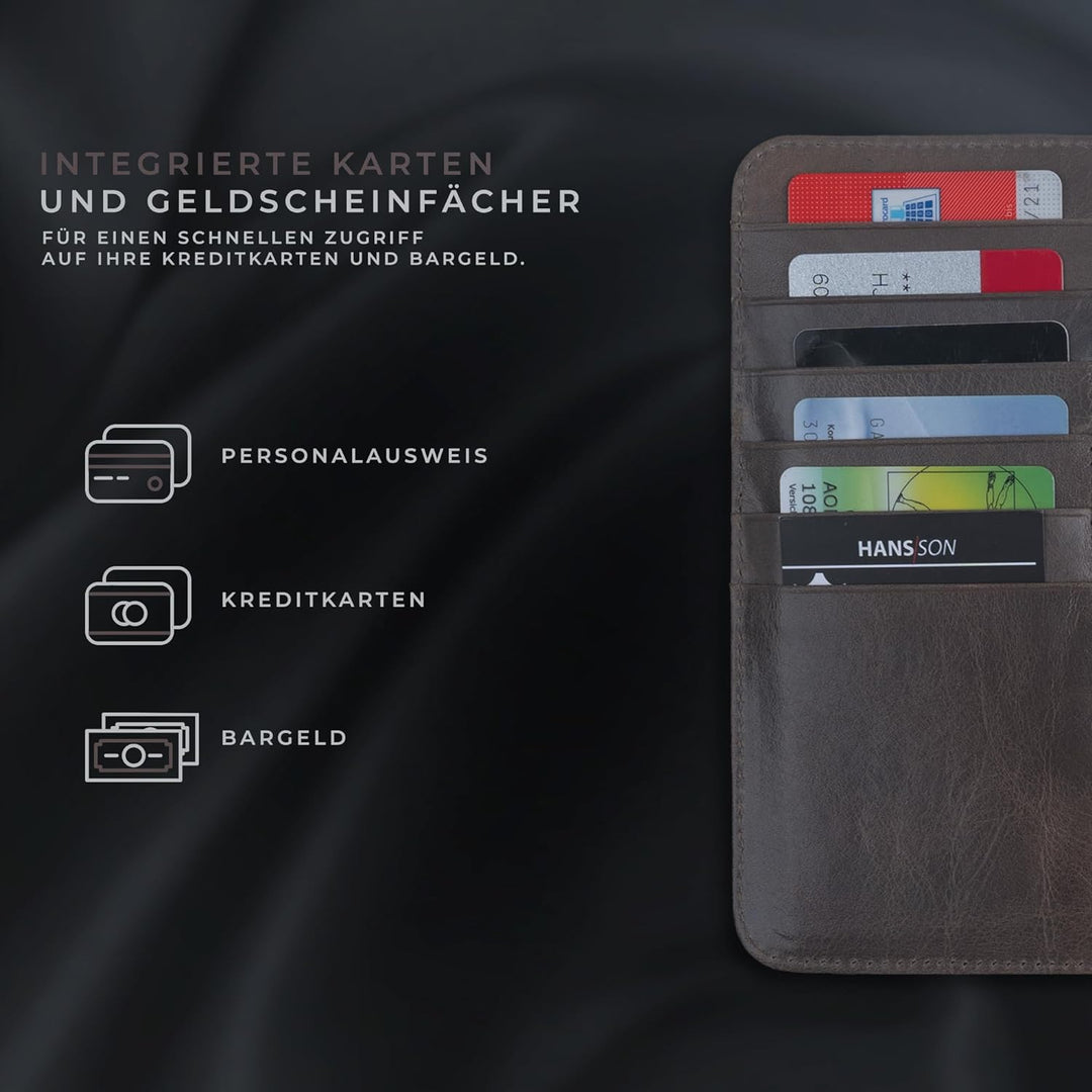 HANS/SON Lederhülle mit Kartenfächern | iPhone 14 | Echtleder | 6,1 Zoll | Schmal | Klapphülle | Sto