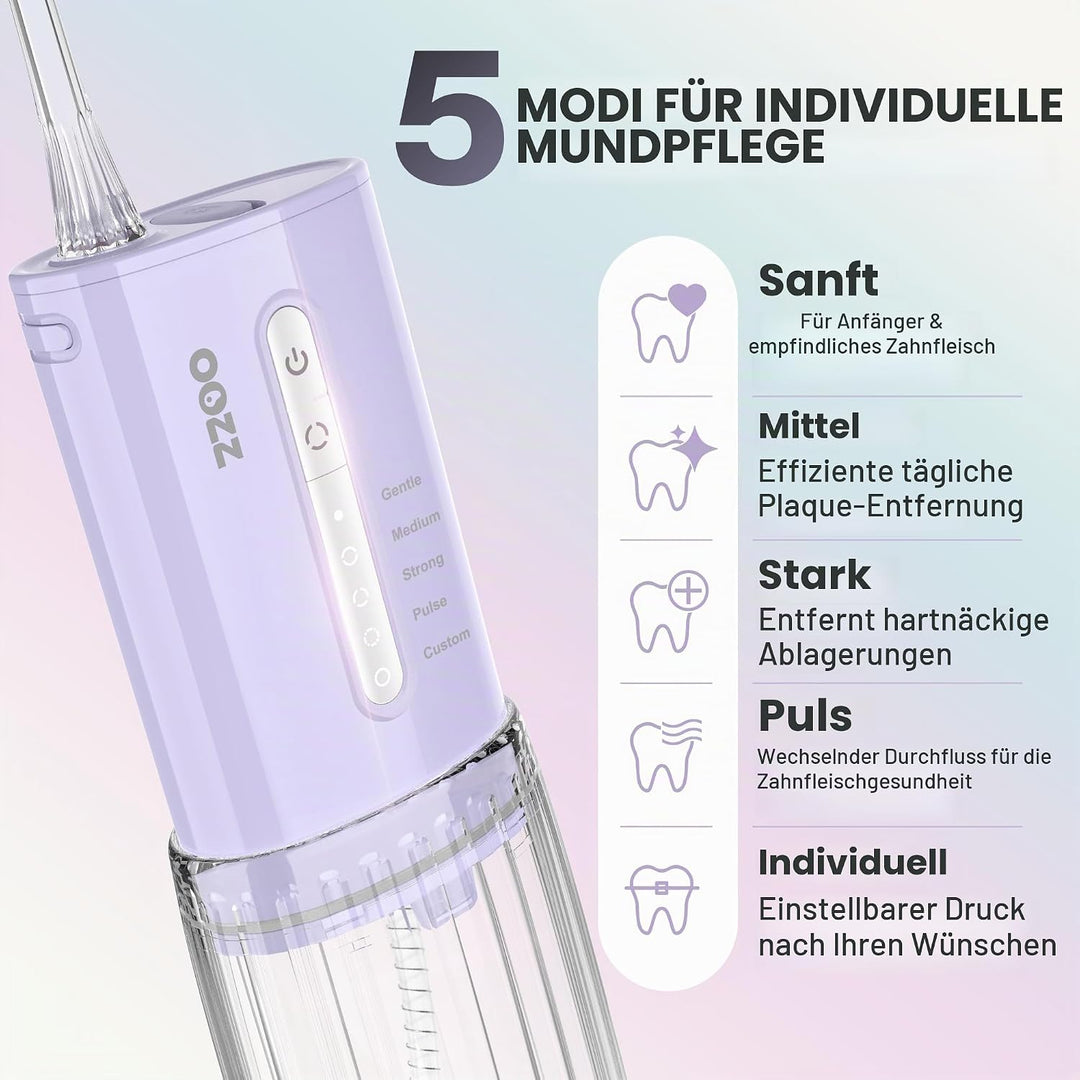OOZZ Travel Water Flosser, Schnurlose Taschenmunddusche, 5 Druckmodi, 6 Strahlspitzen, USB-wiederauf