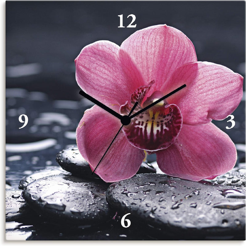 ARTLAND Wanduhr ohne Tickgeräusche Leinwand Quarzuhr 30x30 cm Quadratisch Lautlos Orchidee Zen Asiat