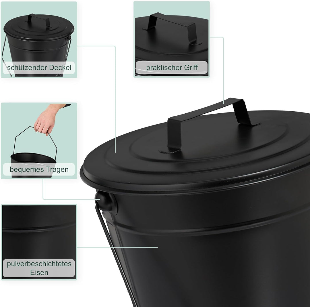 Relaxdays Ascheeimer mit Deckel, Henkel, 7 Liter, Eisen, Aschetonne für Kohle & Asche, Kamin, Ofen,