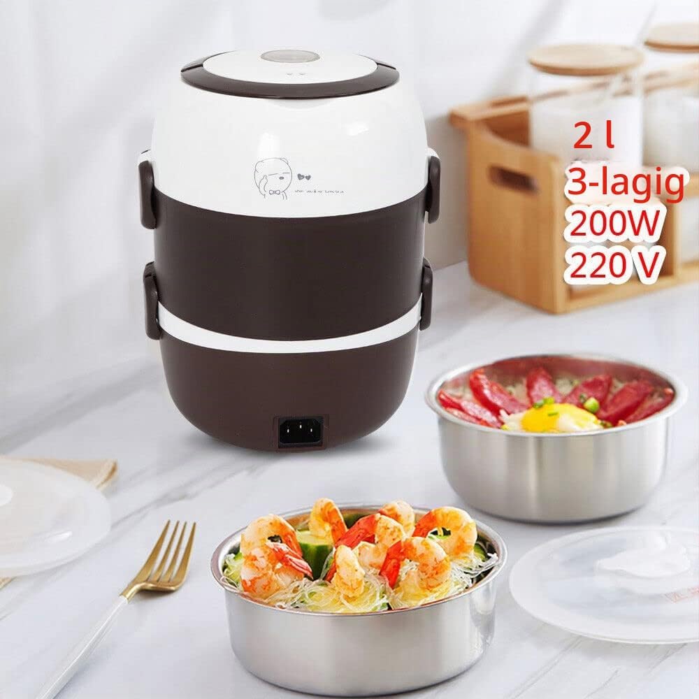 Elektrisch Lunchbox, Mini Reiskocher Tragbare Heizung Brotdose Steamer Dampfgarer 3 Schicht 2L Edels