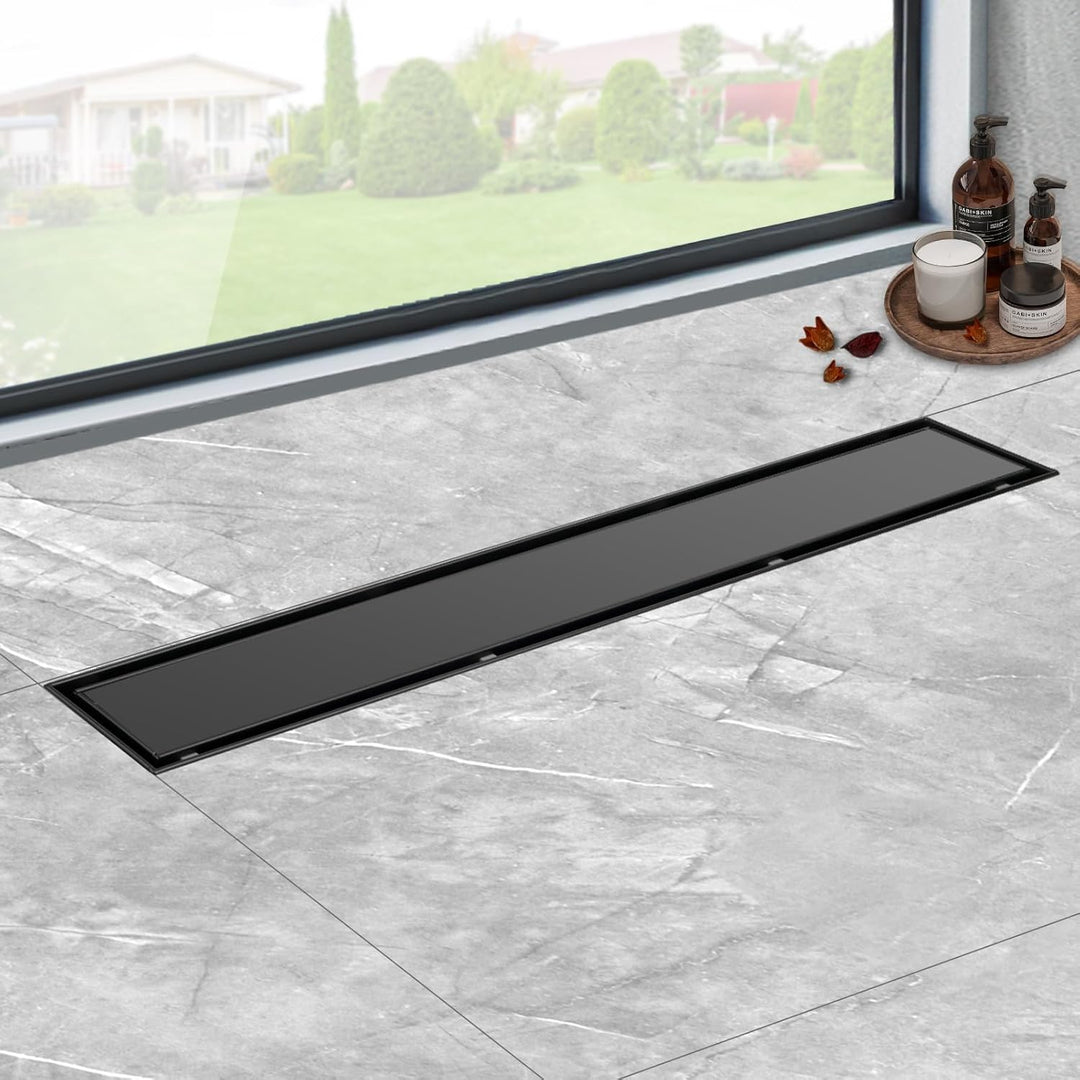 Duschrinne schwarz 50cm Edelstahl Bodenablauf 2-in-1 doppelseitig, Flieseneinsatz Ablaufrinne,schnel