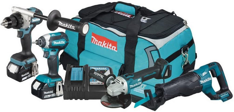 Makita DLX4157TX1 Akku-Kombo-Kit 18V (DDF486+DTD153+DGA504+DJR187) / 5,0 Ah, 2 Akkus + Ladegerät in