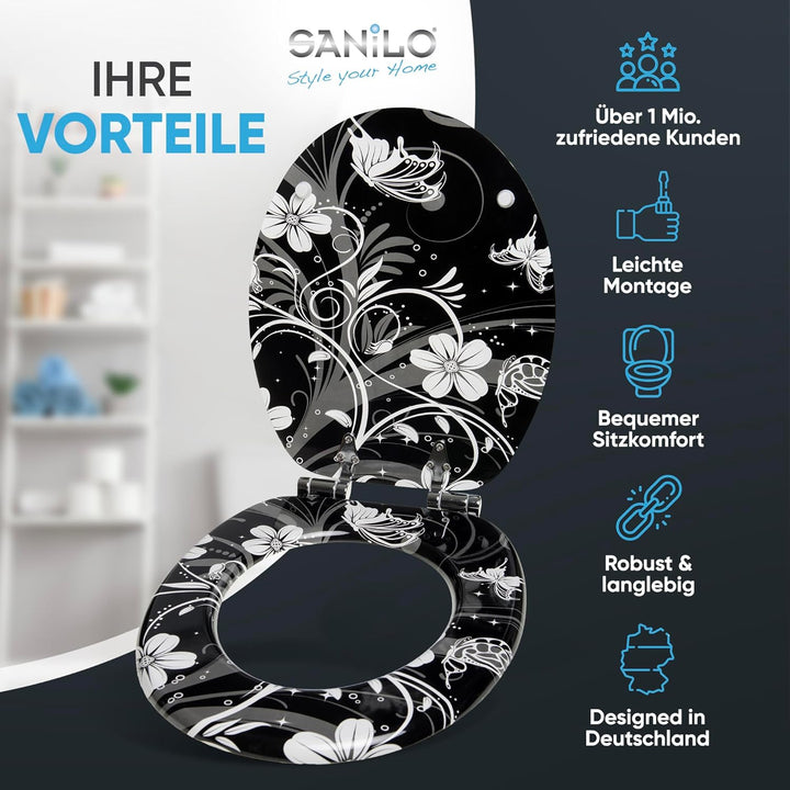 Sanilo WC Sitz mit Absenkautomatik, viele schöne schwarze Toilettendeckel zur Auswahl, hochwertige u