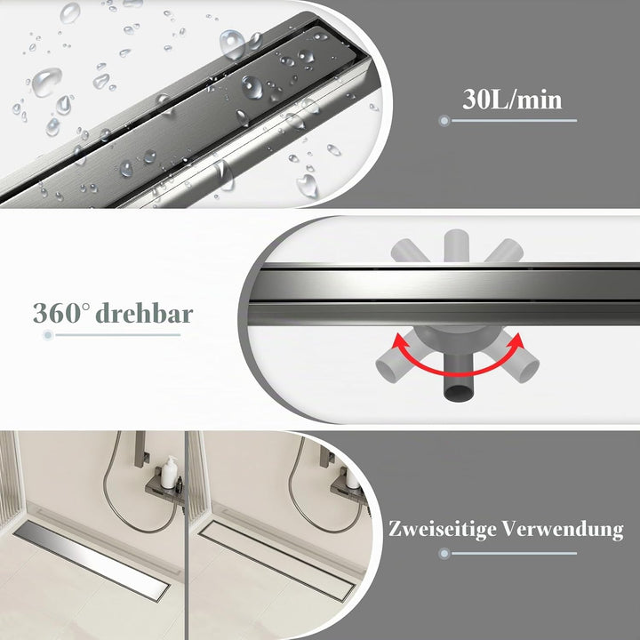EFUTURETIME Duschrinne 80cm Edelstahl Bodenablauf Befliesbar mit Siphon L-80cm, L-80cm