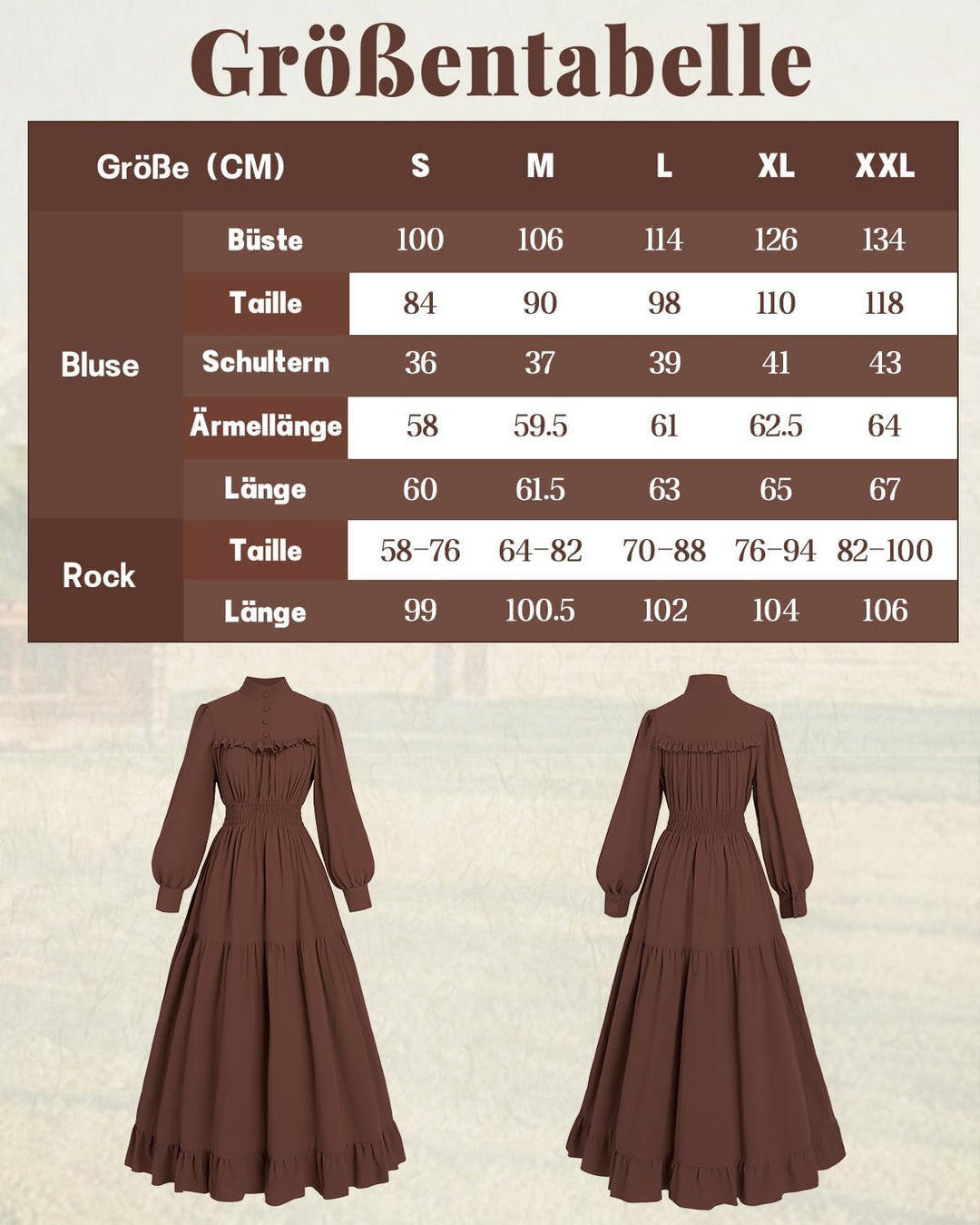 CR ROLECOS Mittelalter Kleidung Damen Viktorianisches Kleid Langarm A-Linie Vintage Edwardianisches