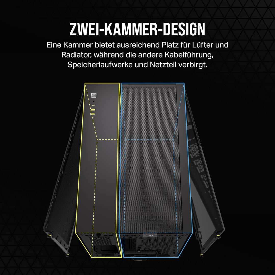 CORSAIR 2500X Small-Tower mATX-Doppelkammer-PC-Gehäuse – Gehärtetes Panoramaglas - Umgekehrte Verbin