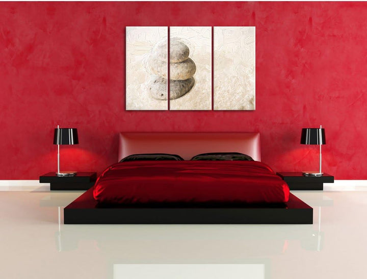 Pixxprint Steine im Sand mit Muster Pinsel Effekt 3-Teiler Leinwandbild 120x80 Bild auf Leinwand