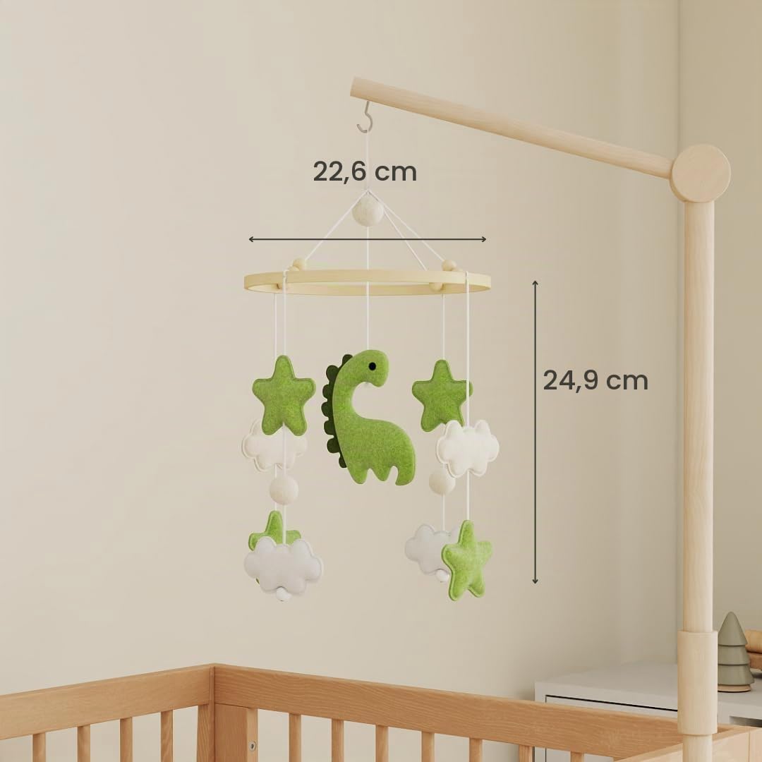 Waldino Baby Mobile Babybett, handgemachtes Filz Babymobile mit Dino, Sternen und Wolken, Mobile Bab