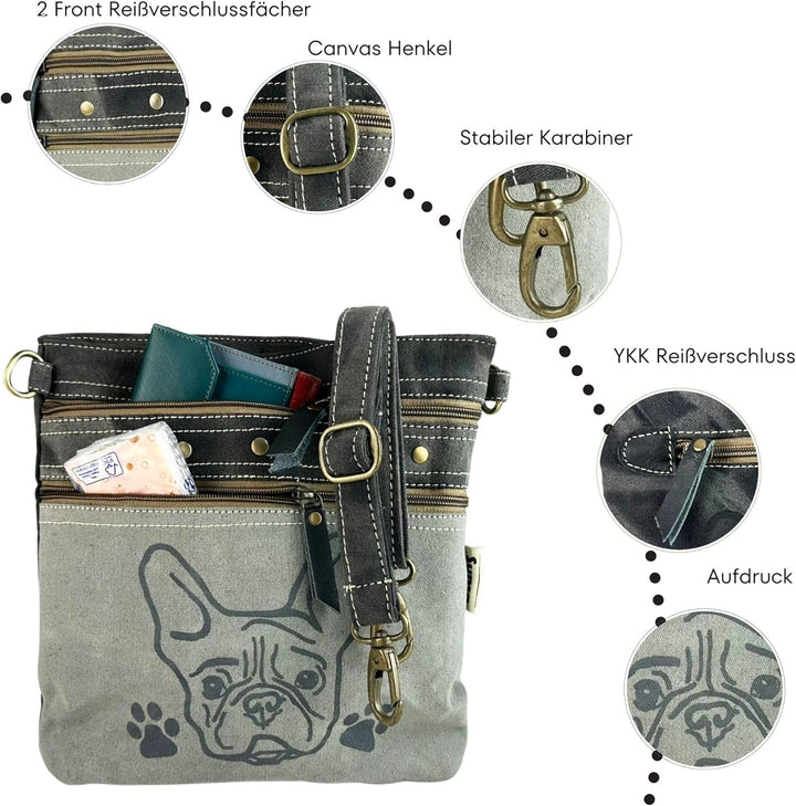 Sunsa Damen graue Umhängetasche. Canvas &amp; Leder Tasche. Kleine Damentaschen in Vintage still. Hunde