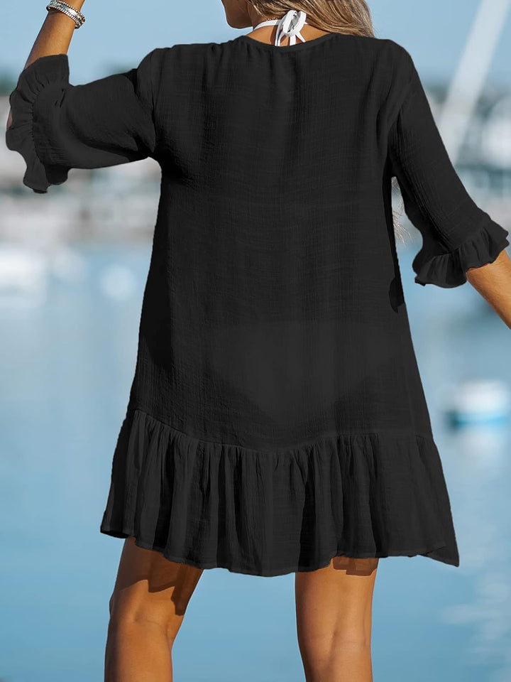 CUPSHE Damen Strandkleid Bikini Cover Up V Ausschnitt Knöpfen Rüschensaum Freizeitkleider Sommer Bea