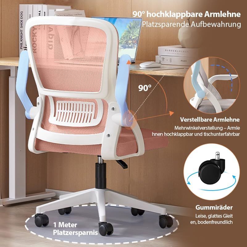 Bürostuhl,Ergonomischer Drehstuhl mit Atmungsaktiver Mesh-Rückenlehne,Hochklappbaren Armlehnen und L
