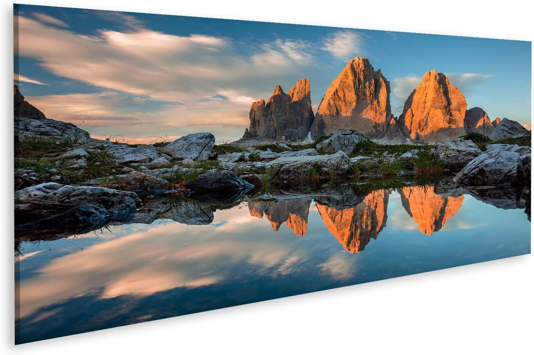 islandburner Bild auf Leinwand TRE Cime Di Lavaredo Spiegelung See Sonnenuntergang Dolomit DREI Zinn