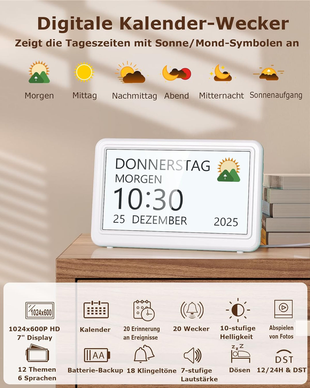 Roxicosly Digitaler Kalender, Elektronischer Tag Datum Wecker, Digital Uhr mit 20 Benutzerdefinierte