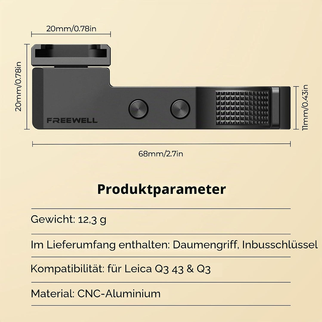 FREEWELL Daumengriff für Leica Q3 & Q3 43 mit Kaltschuhhalterung, CNC Aluminium, Kratzfeste Silikonp