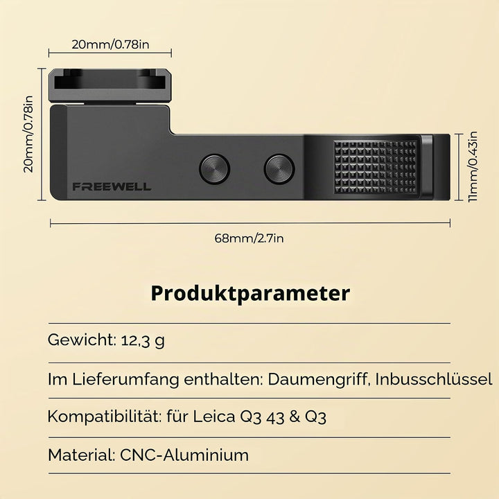 FREEWELL Daumengriff für Leica Q3 & Q3 43 mit Kaltschuhhalterung, CNC Aluminium, Kratzfeste Silikonp