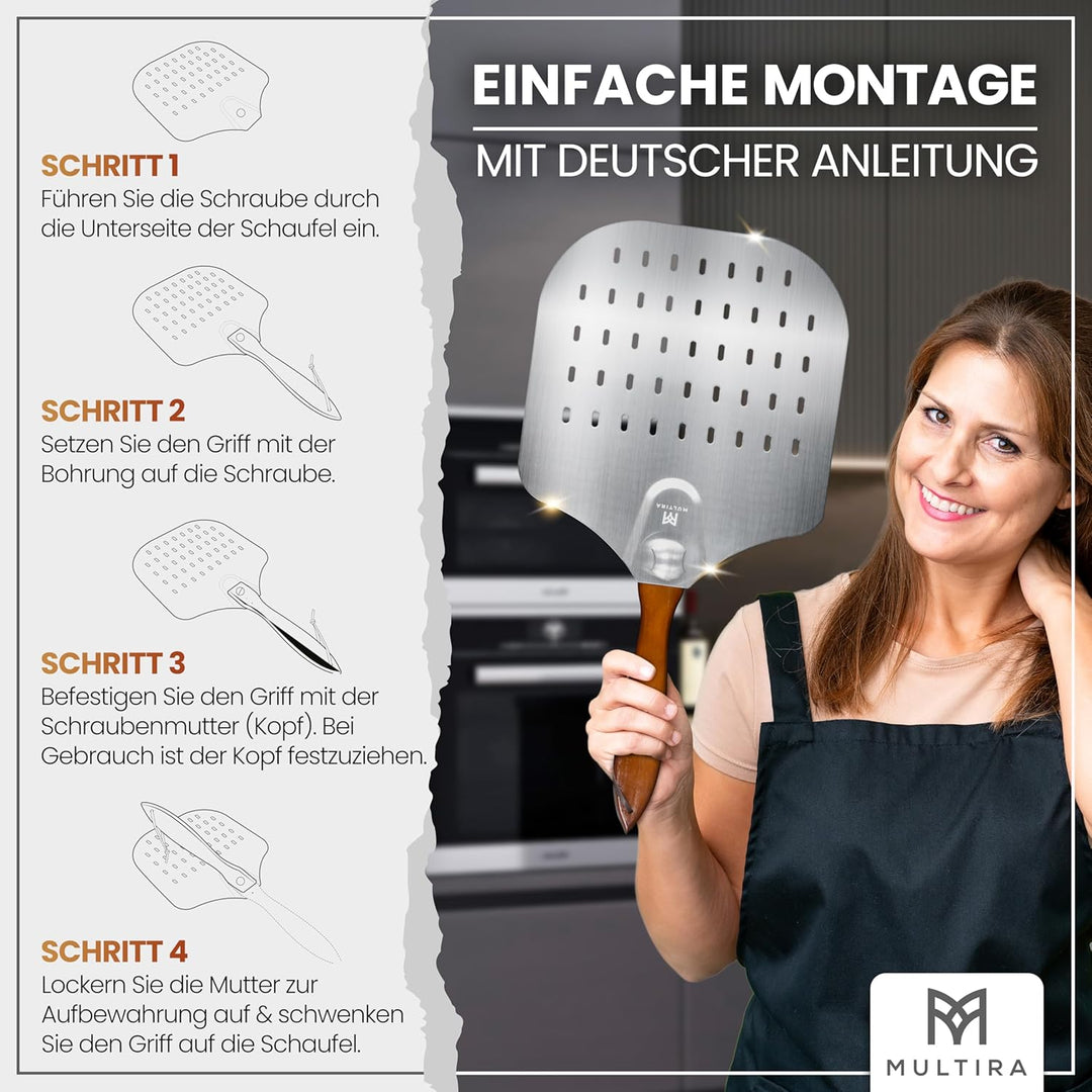 Pizzaschieber Aluminium drehbar | Ergonomischer Holzgriff, perforierte Schaufel, abnehmbar & hitzebe