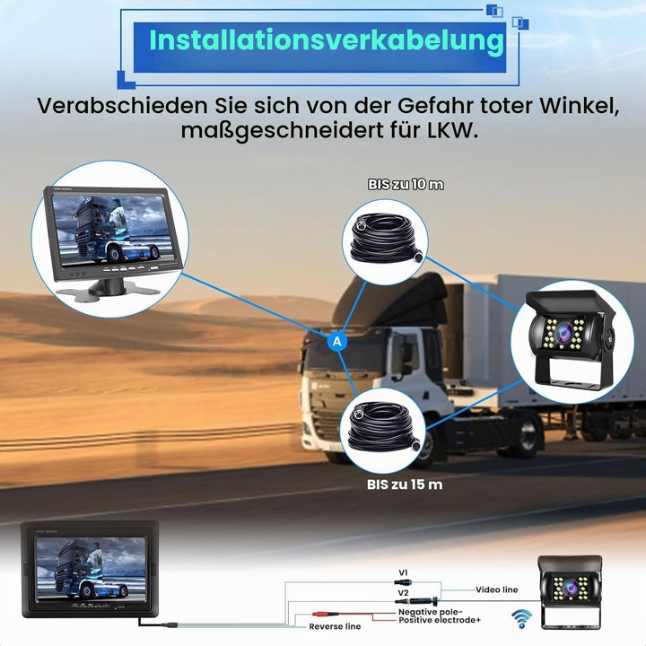 Hikity Rückfahrkamera 2 Kameras Set, 7 Zoll LCD Monitor, Wasserdichtes Rückfahrkamera Nachrüsten Set