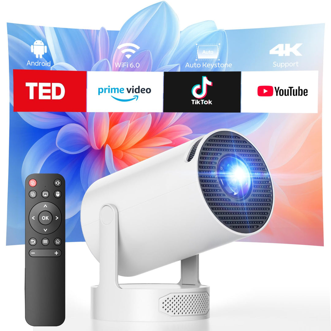 Mini Beamer mit Lautsprecher, Tragbarer Projector unterstützen 1080P 4K, Auto Keystone WiFi 6 Smart