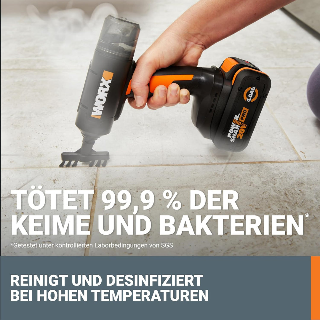 WORX 18V(20V MAX) kabelloser Handdampfreiniger WX770.9, Dampfreiniger für 220°F, tötet Keime, 8-Seku