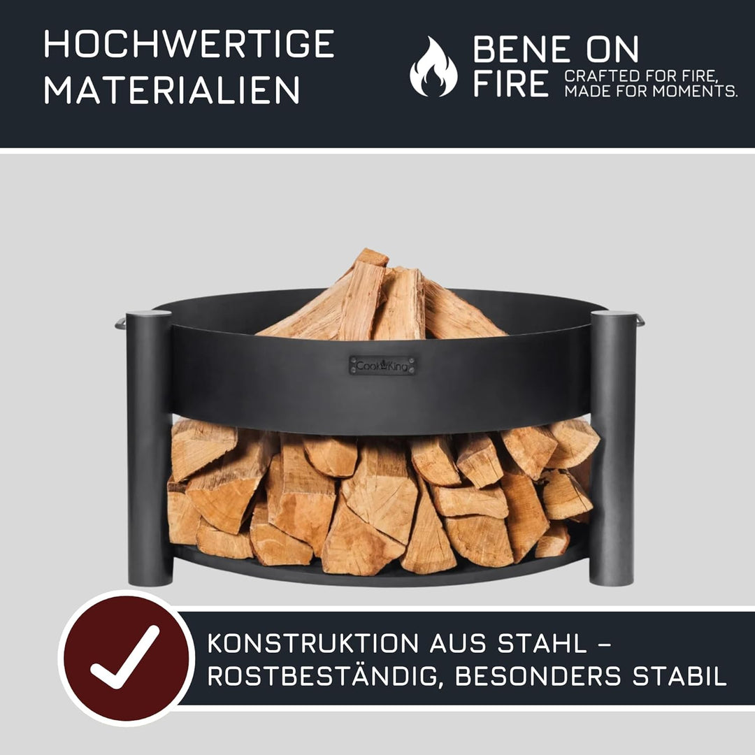 BENE ON FIRE Feuerschale Ø 60 cm rund mit Griffen & Holzstauraum Washington | Feuerkorb aus robustem
