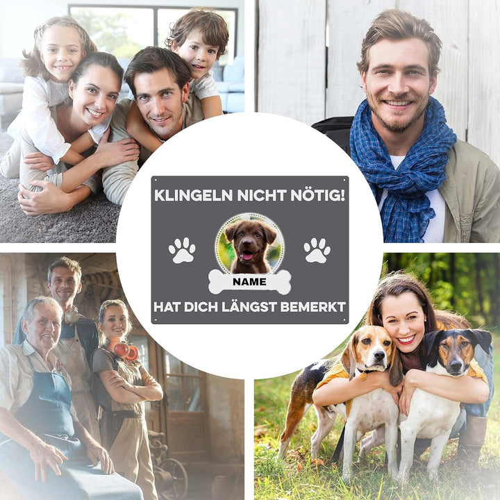 Hunde Schild personalisiert - Klingeln nicht nötig - Metallschild mit Foto und Name für aussen, wett