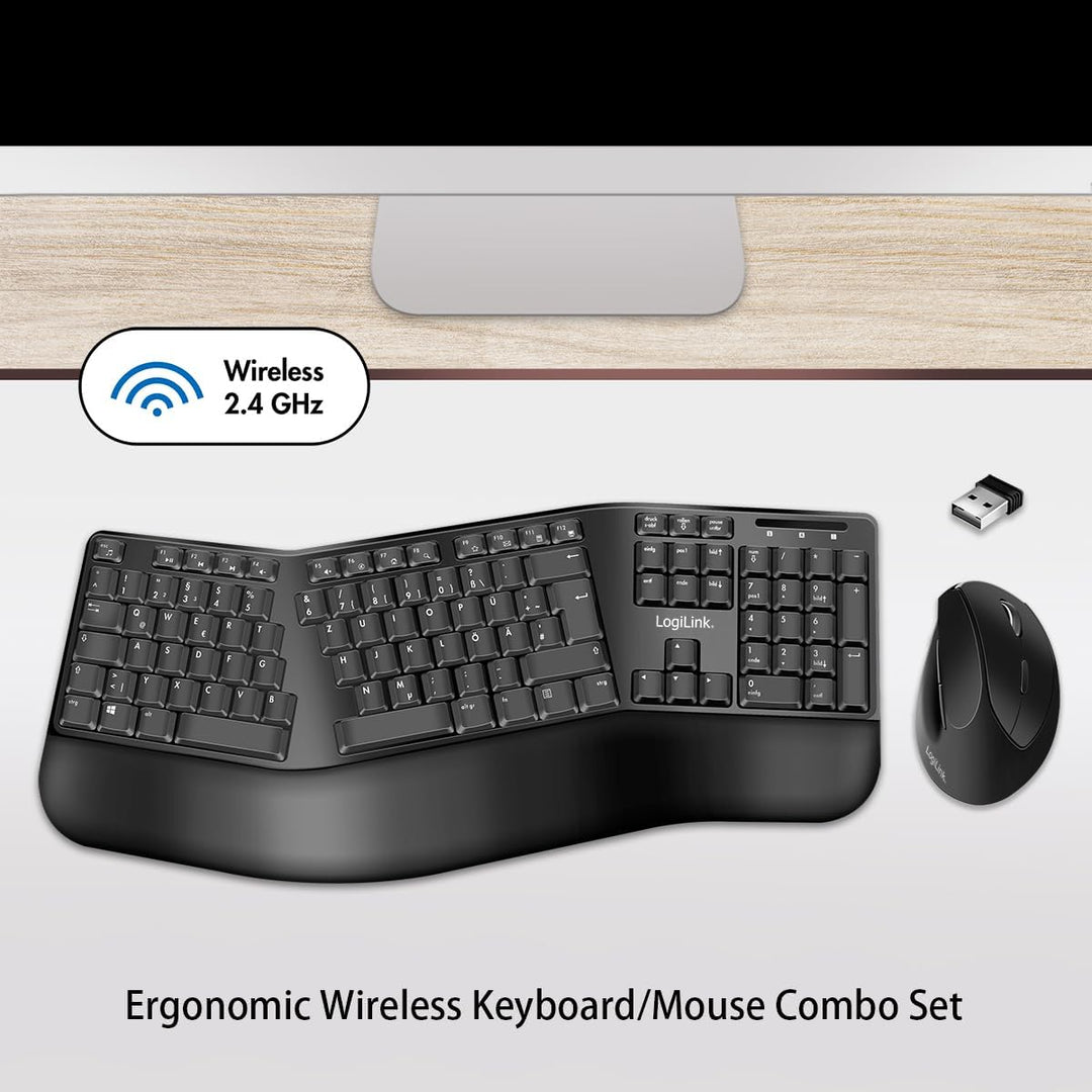LogiLink Ergonomisches Funk-Tastatur-Maus-Set mit geteilter Tastatur (mit 13 Multimedia Keys)