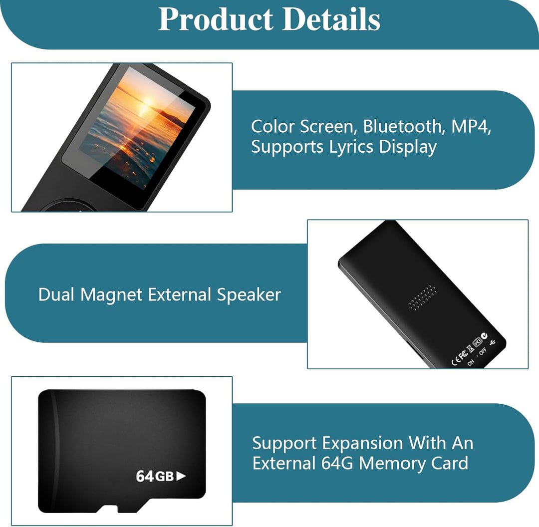 MP3 Player Bluetooth 5.3 mit 64 GB Speicher, tragbarer Musik Player mit Lautsprecher, HiFi MP3 Playe