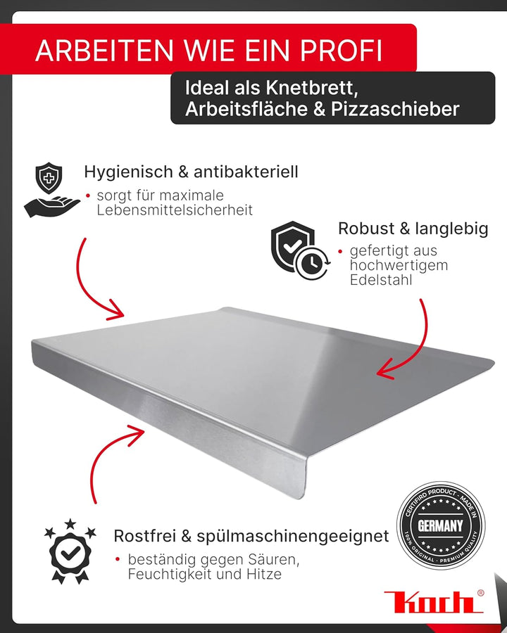 Koch Arbeitsplatte Edelstahl I 40 x 30 cm I Arbeitsfläche, Schneidebrett & Knetbrett mit 2 Anschlagk