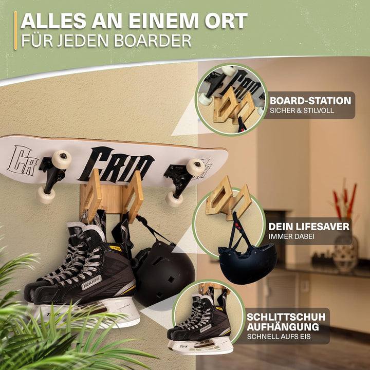 CRID Skateboard Wandhalterung aus Bambus - Universal Halterung für Skateboard, Longboard, Snowboard,