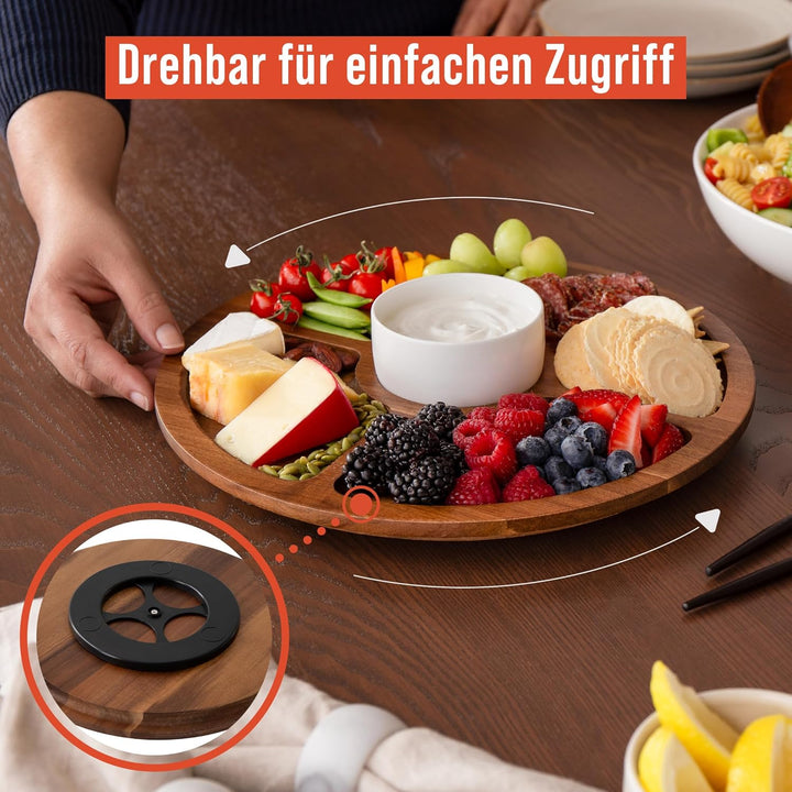 Chef Pomodoro Rundes Charcuterie Board mit Deckel (34 cm) – tragbares Käsebrett, Käseplatte, Holzpla