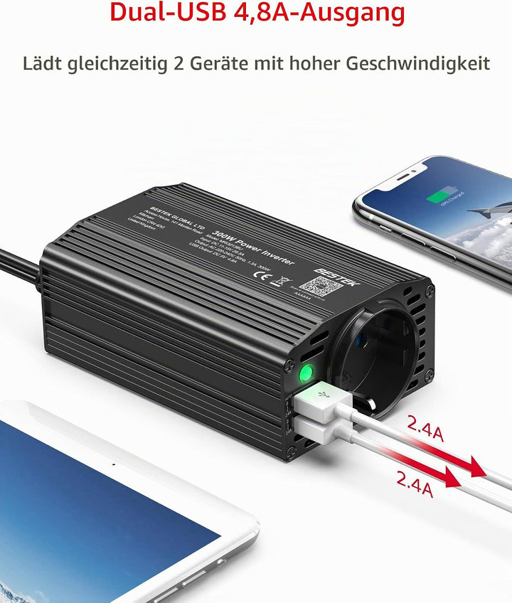 BESTEK 300W Wechselrichter/Spannungswandler 12v 230v /Stromwandler Inverter 12v auf 230v /mit Zertif