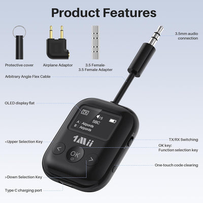 1Mii SafeFly Min+ Bluetooth Sender und Empfänger, Bluetooth Adapter für Flugzeuge, 2 Geräte können a