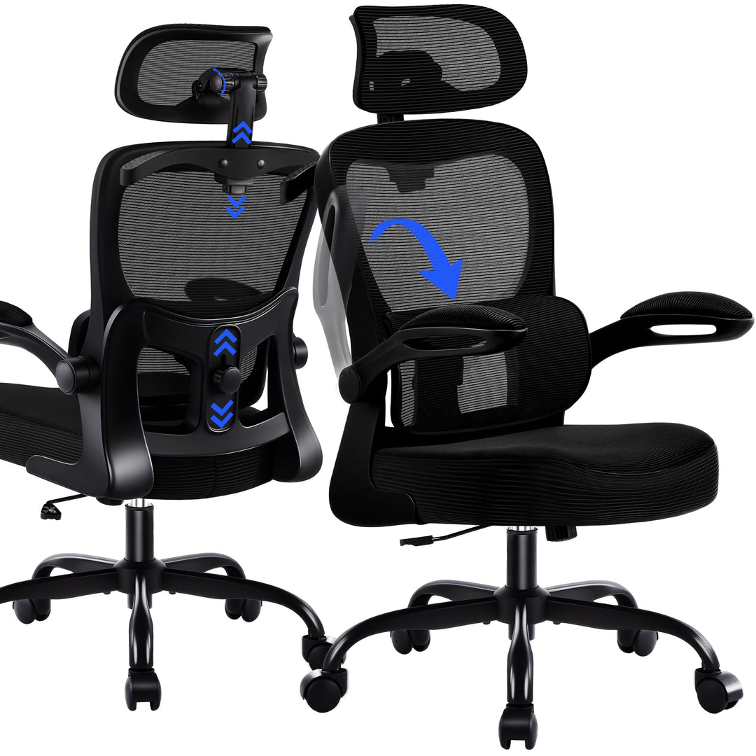 Bürostuhl Ergonomisch mit Kopfstütze, Verstellbarer Lendenwirbelstütze & Netzbespannung, Höhenverste