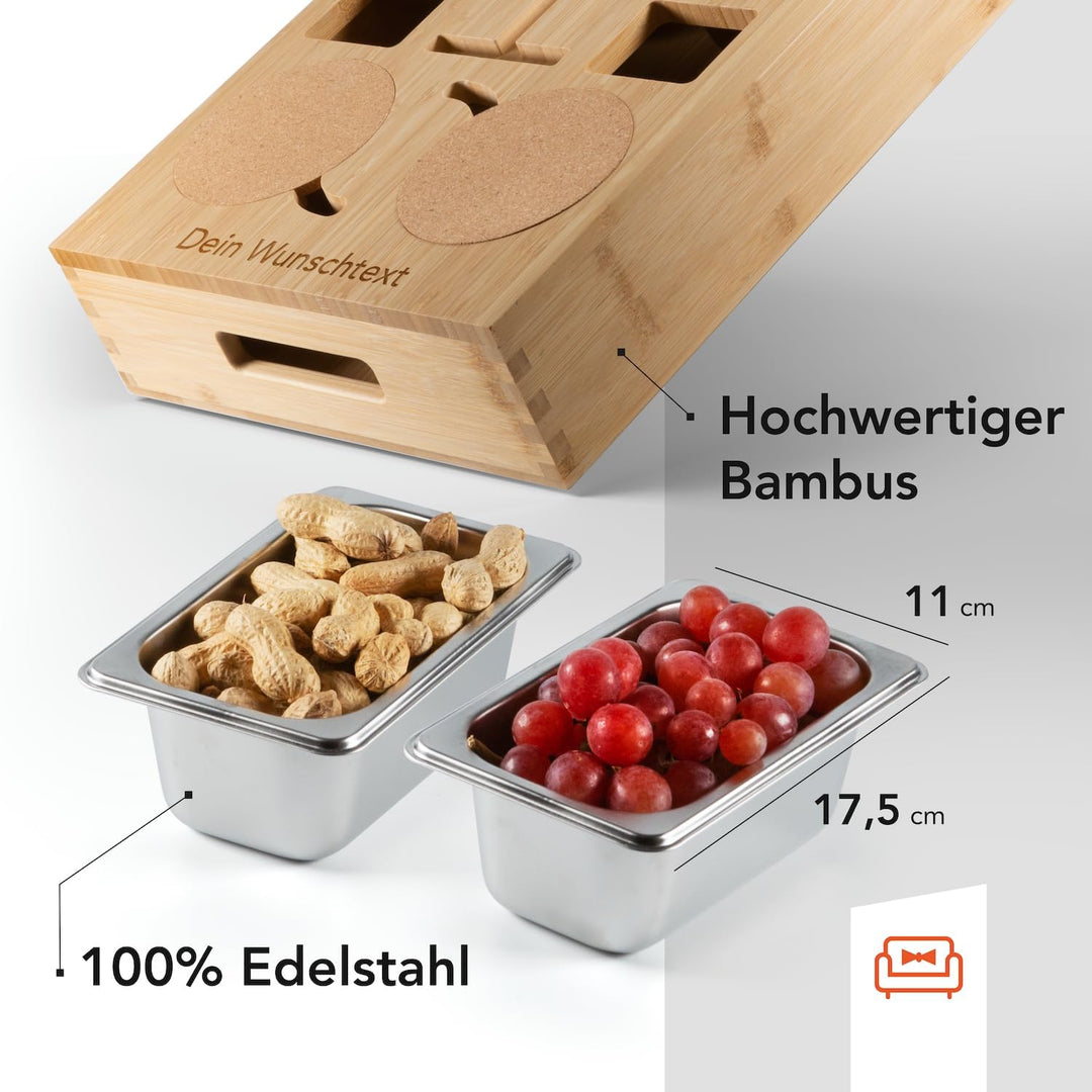 NewHabitat | Couchbar - Personalisierbare Snackbox aus Bambus mit Gravur | Sofa Tablett mit 2 Snacks