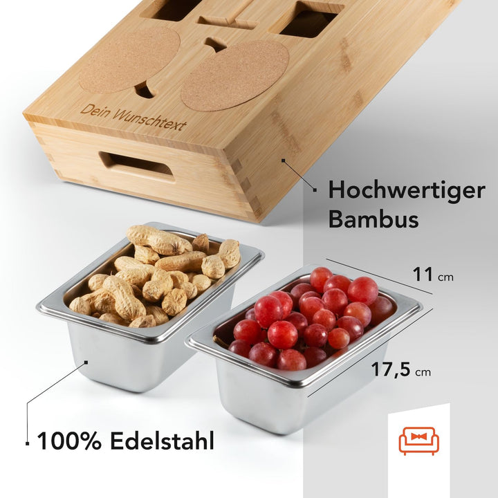 NewHabitat | Couchbar - Personalisierbare Snackbox aus Bambus mit Gravur | Sofa Tablett mit 2 Snacks