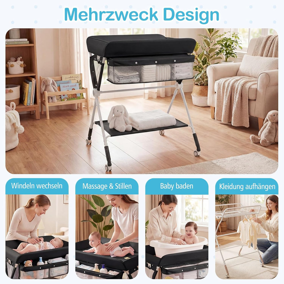 COSTWAY 3 in 1 Wickeltisch klappbar, mobile Wickelkommode mit Rollen, Wickelstation höhenverstellbar