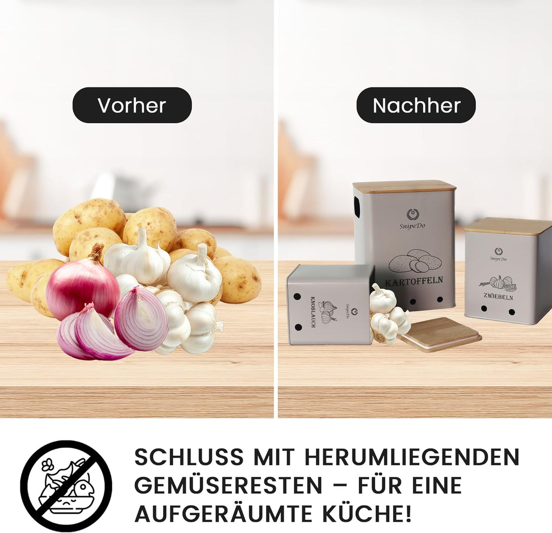 Kartoffel Aufbewahrungsbox Set – 3er Set Kartoffelbox, Zwiebel Aufbewahrung, Knoblauch Behälter – Me