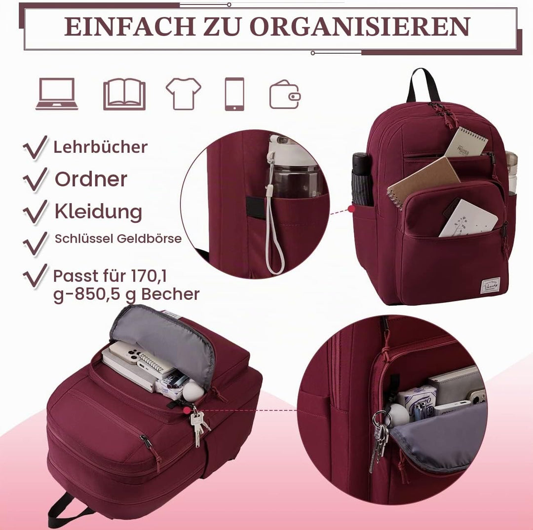 Rucksack Herren Dame, VASCHY Schulrucksack Teenager Kinder 21L Handgepäck Burgunderfarben, Burgunder
