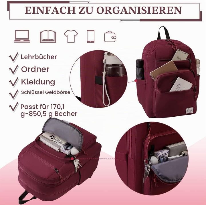 Rucksack Herren Dame, VASCHY Schulrucksack Teenager Kinder 21L Handgepäck Burgunderfarben, Burgunder