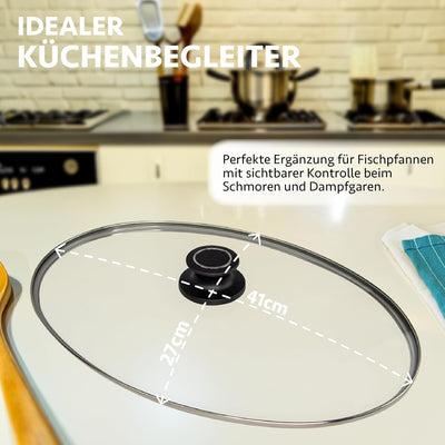 MaxxGoods Glasdeckel für Fischpfanne oval 41x27cm | Vollglasdeckel Backofenfest bis 260°C | hitzebes