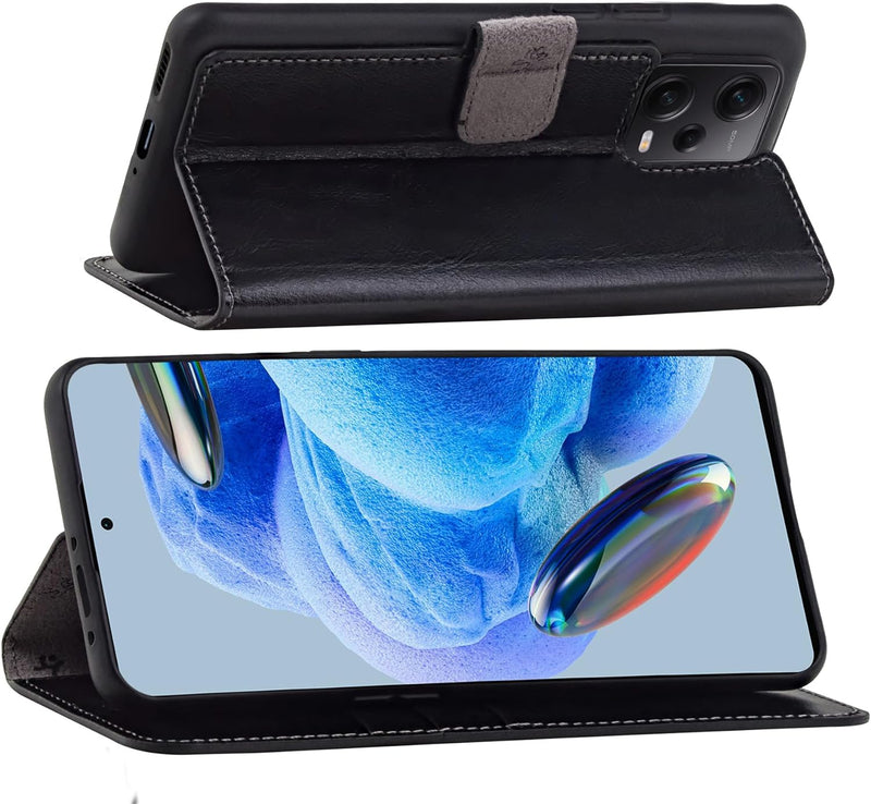 Suncase Book-Style Hülle kompatibel mit Xiaomi Redmi Note 12 Pro 5G Leder Tasche (Slim-Fit) Lederhül
