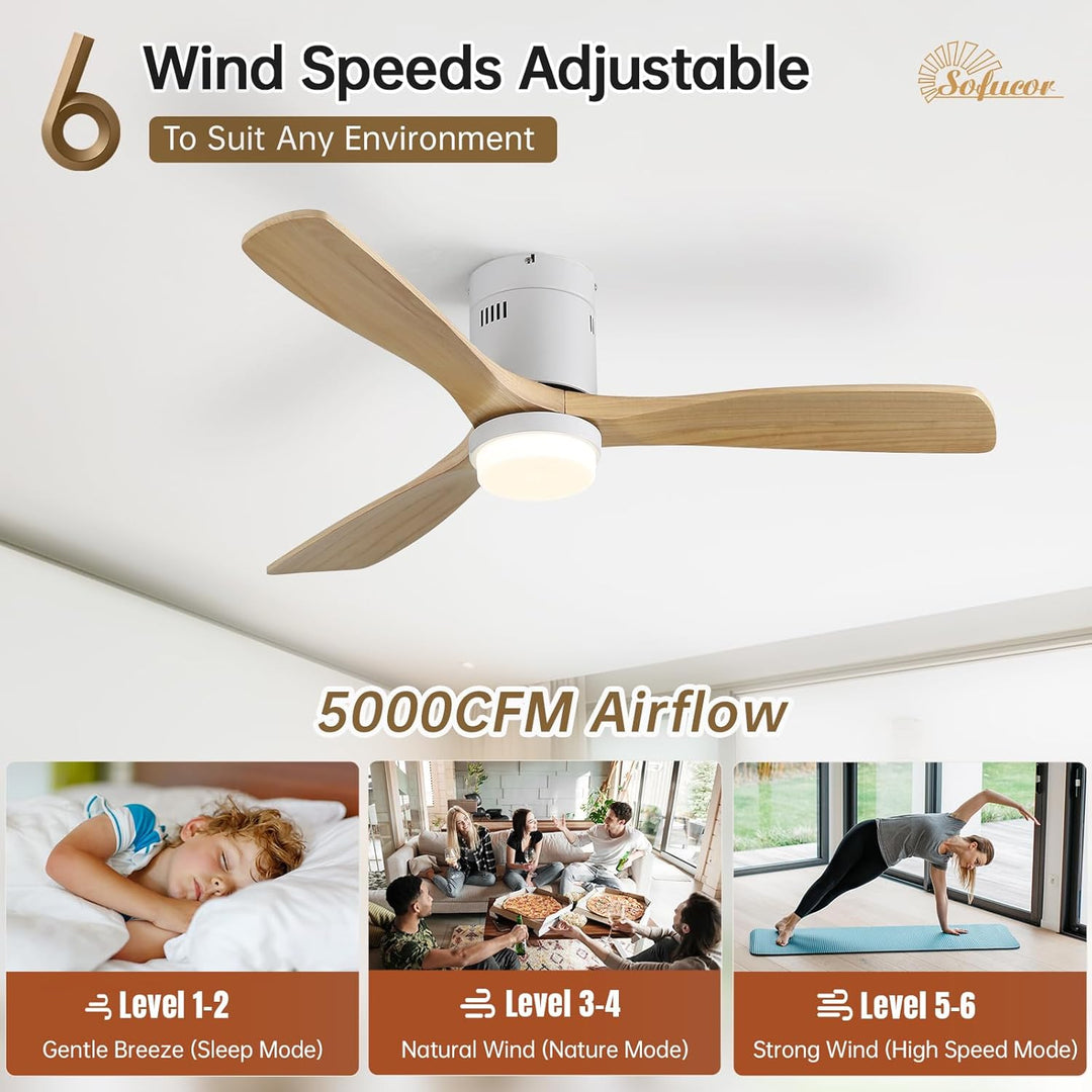 Sofucor Deckenventilator mit Beleuchtung, Deckenventilatorleuchte mit Licht, Fernbedienung, 3 Holzlü