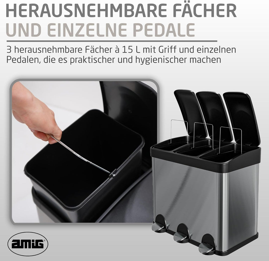 Amig - Dreifacher Mülleimer mit Pedalen 45 Liter | 3 herausnehmbare 15-Liter-Fächer | Recyclingbehäl