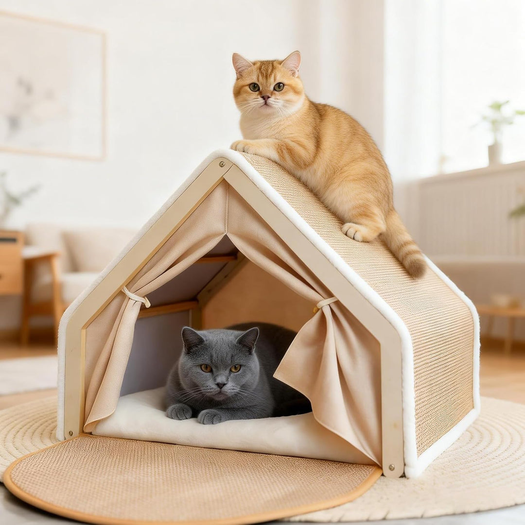 2-in-1 Katzenhaus Mit Kratzbrett Aus Holz, Katzenzelt Indoor Mit Sisal Kratzfläche Und Weichem Plüsc